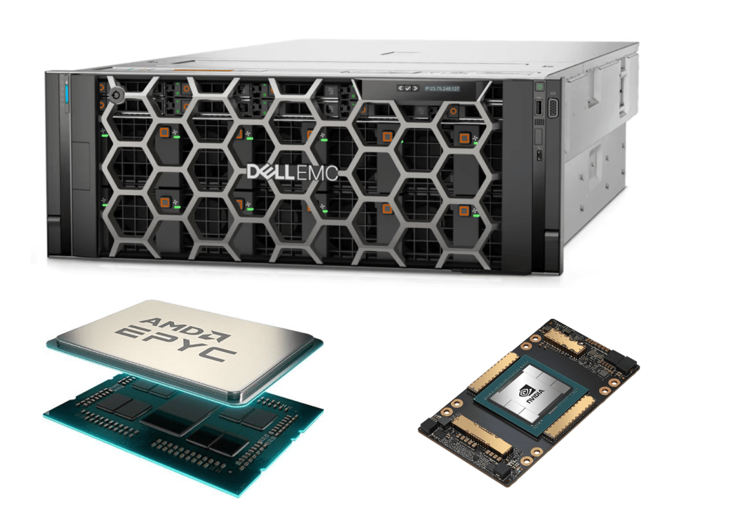 Image of a dell xe8545 dual cpu and quad gpu server, nvidia a100 gpu, and an amd 7543 cpu.