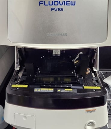Image of a olympus fluoview FV10i-LIV fluorescence confocal microscope.